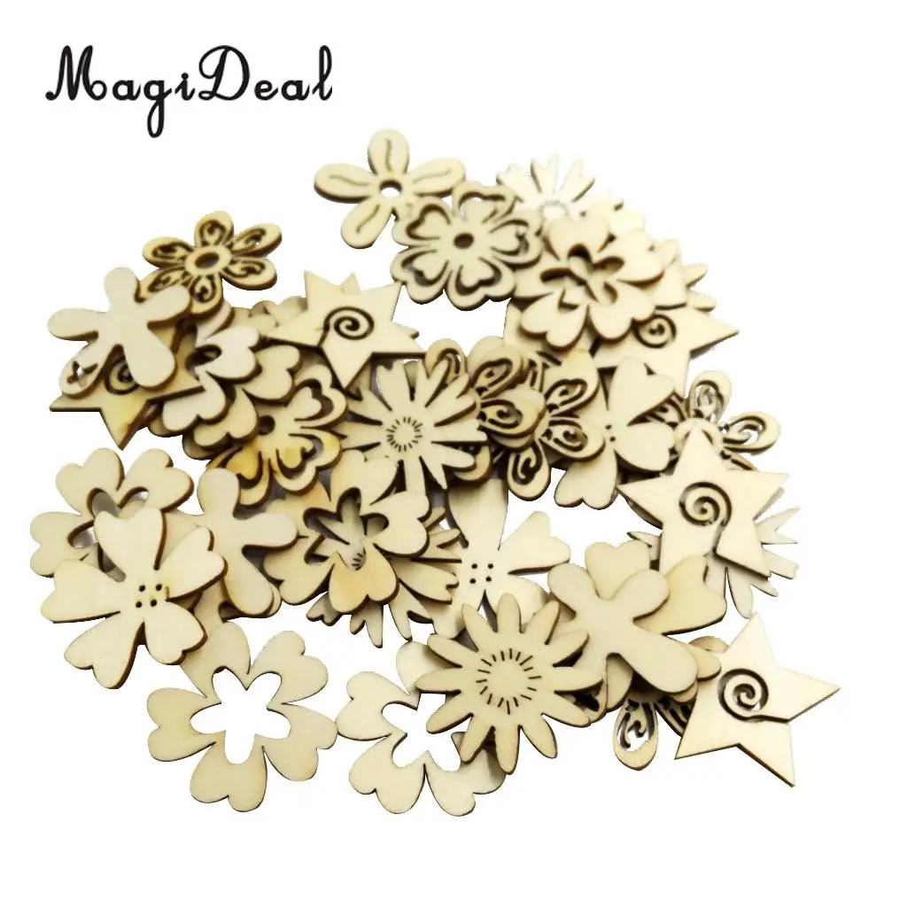 MagiDeal 50 Pieces Mixed Natural Wood Flower Shapes Embellishment Craft Scrap Booking Card Sign Making for Party Decor Favor 