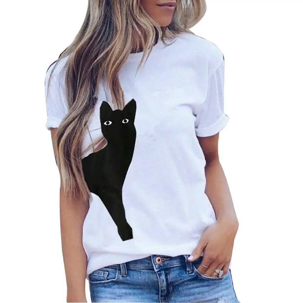Women Summer Cat Print T Shirt Short Sleeve O neck Casual Funny Black