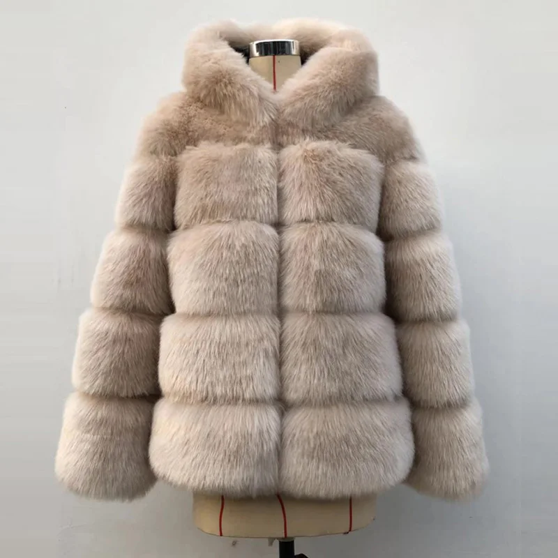 Winter Thick Warm Faux Fur Coat Women Plus Size Hooded Long Sleeve Faux Fur Jacket Luxury Winter Fur Outwear PC313 - Цвет: khaki