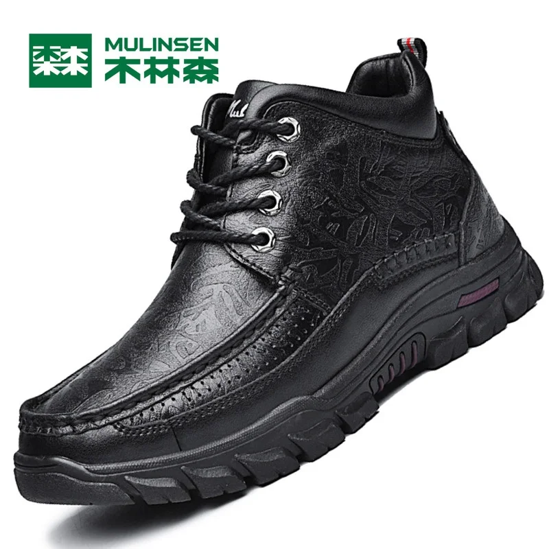 

Mulinsen Men's winter Running Shoes Black Genuine Leather Material inside wool Outdoor Training Sneakers Sport Shoes Q280606M