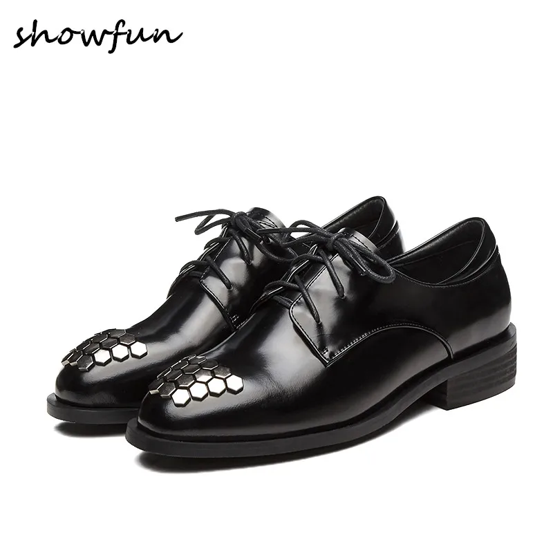 

Women's patent leather rivet toe lace-up flats oxfords brand designer square toe leisure comfortable female footwear shoes sale