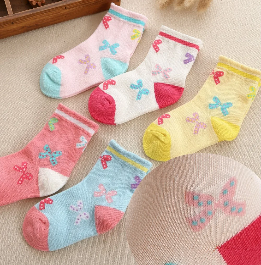 

5 pairs/lot Spring and autumn high quality girls socks cotton butterfly candy color cartoon socks for girls1- 12 year