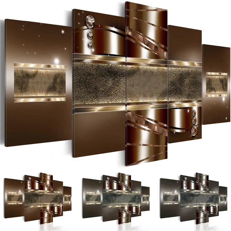 Abstract Canvas Art Painting 5 Pieces Gold Brown Wall Art Picture Home