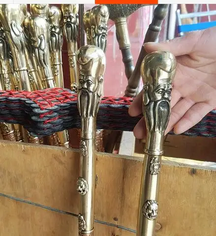 

Grandpa Good Lucky Old Folk 37" China BRASS God Longevity Shakyamuni Dragon Phoenix Crosier Walking Stick Redial Dial Rotary