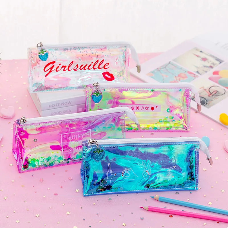 

Cute Iridescent Laser Pencil Case Magic Cool Transparent PVC Pencils Bags High Quality Stationery Pouch Office School Supplies