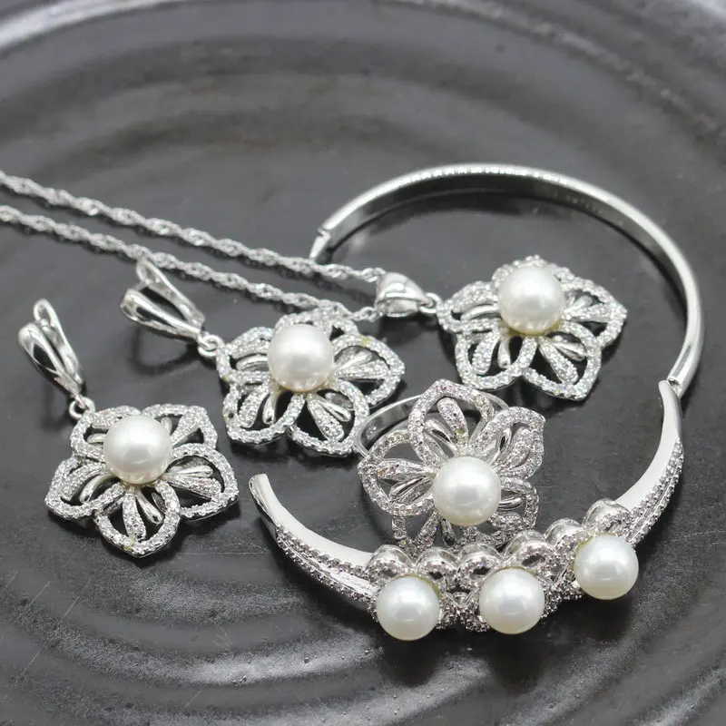 

Wedding Jewelry Sets 4pcs Round White Pearl 925 Stamp Silver Jewelry Suit for Women Pendant Drop Earrings Ring Bangle Wristlet