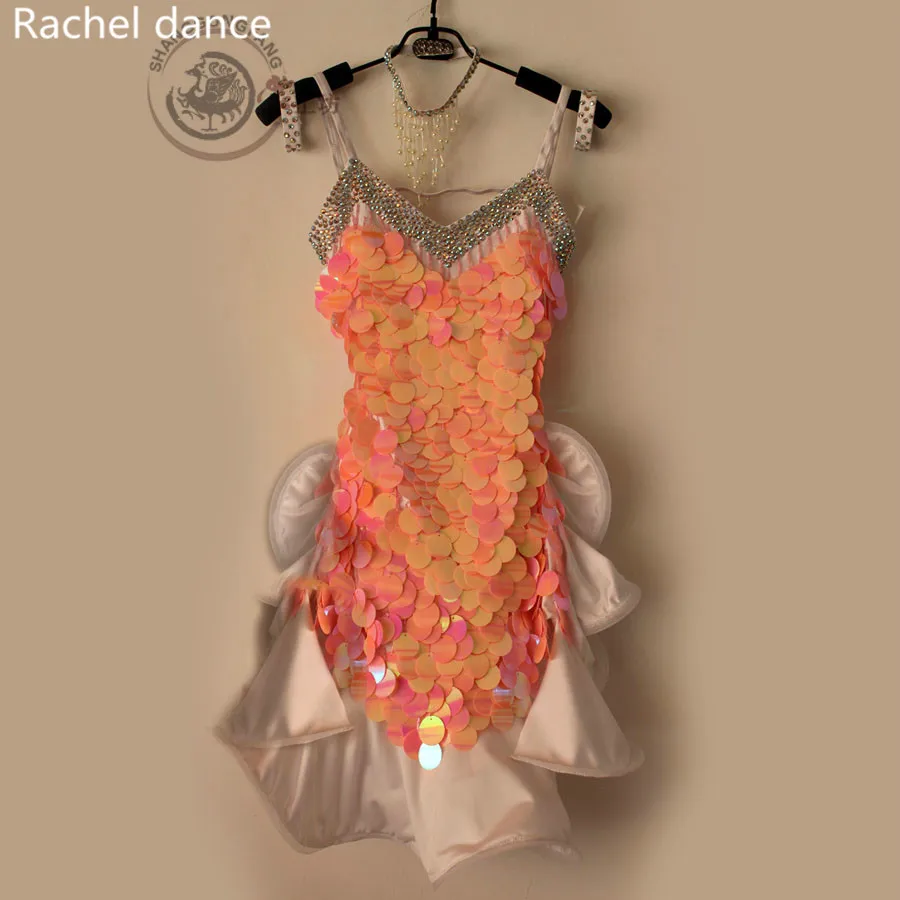 

Latin Dancing Lotus Skirt Sequined Style V-Collar Back Opening Sleeveless Samba Tango Dance Costumes Tassel Latin Dance Dress