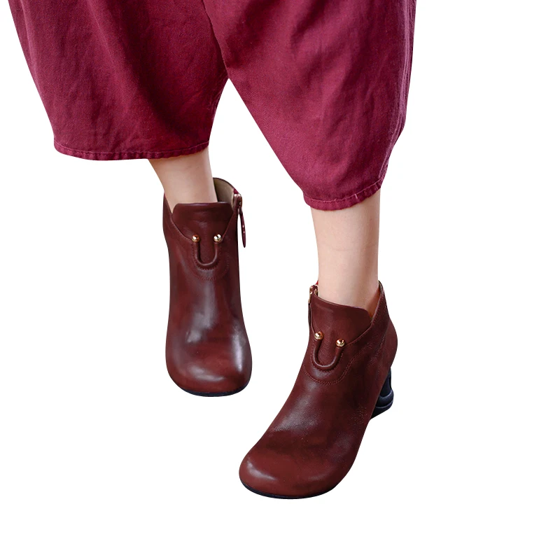 Cabeza Cuero Otoño Xiangban Retro Mujer Zapatos Tacón Botas Primavera Grueso Las Redonda 2019 Black red Mujeres De BzPwB