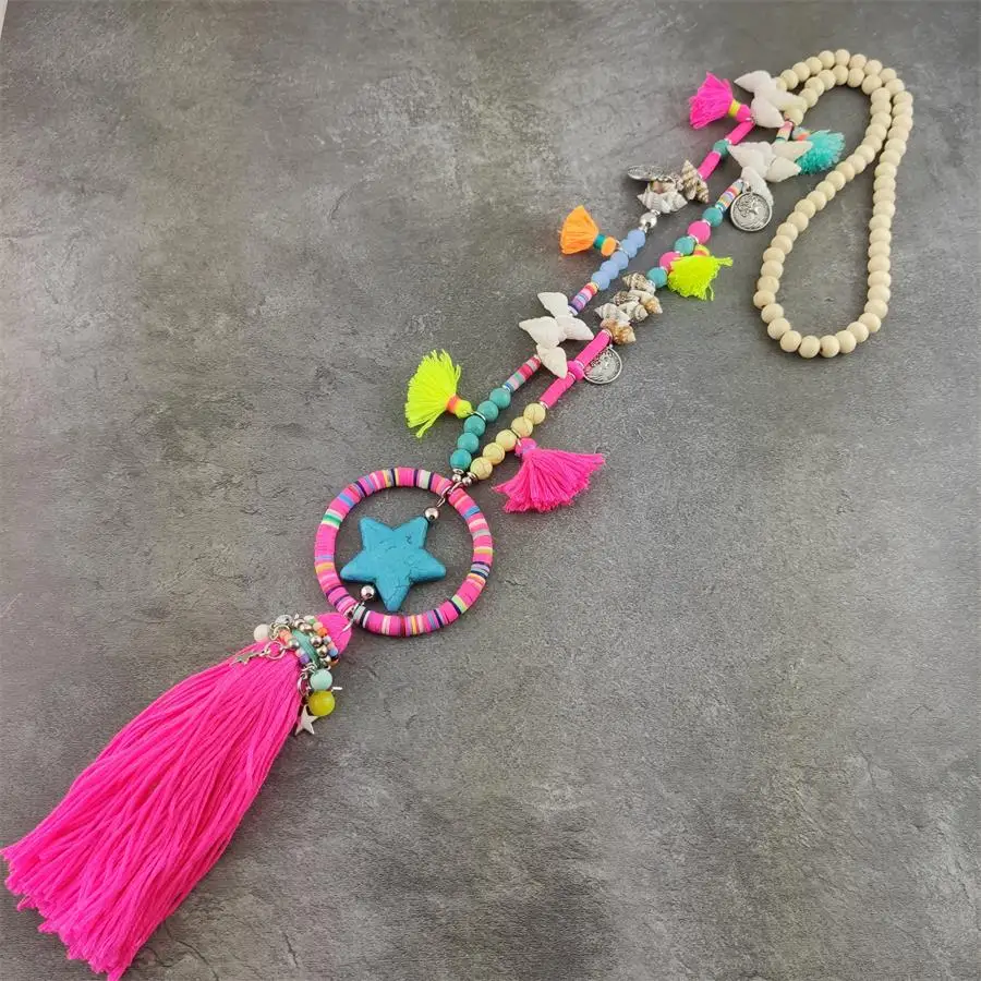 

Boho Jewelry Women Statement Necklace Bohemian Colorful Beads Stone Star Shell Tassel Pendant Long Necklace for Dress