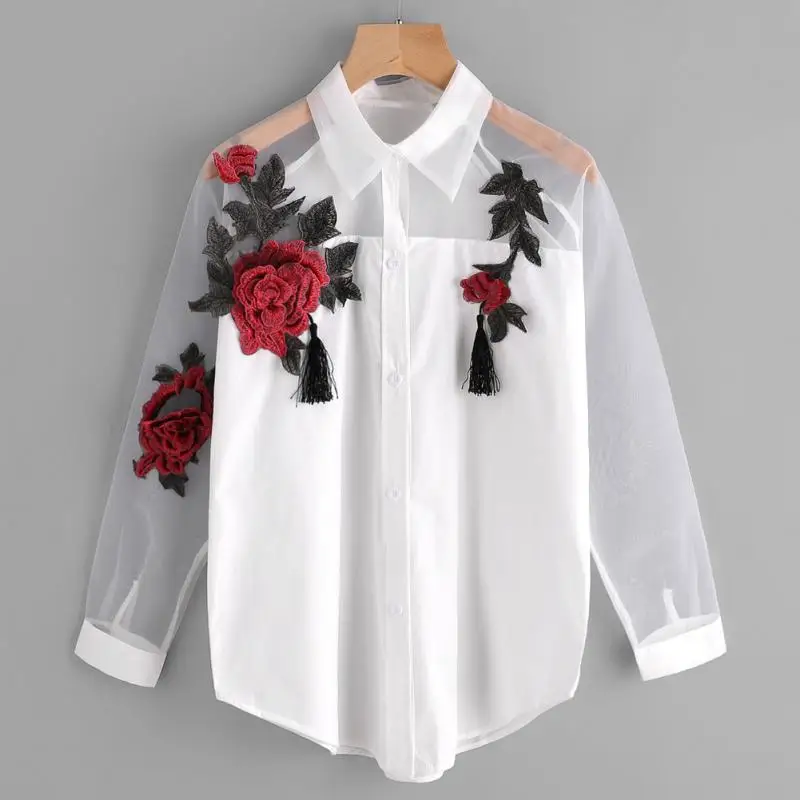 

Floral Embroidered Blouse Shirt Women Slim White Tops Casual Mesh Long Sleeve Blouses Woman Office Shirts Brand Femme Blusas