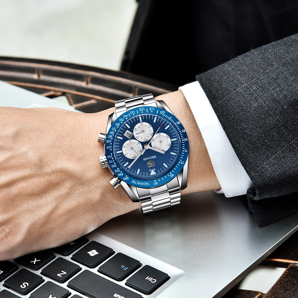 Skup Benyar mężczyźni oglądać najlepsze marki luksusowe pełna stali nierdzewnej biznes Sport Chronograph zegarek kwarcowy zegarek na rękę mężczyźni zegar mężczyzna relogio masculino saat