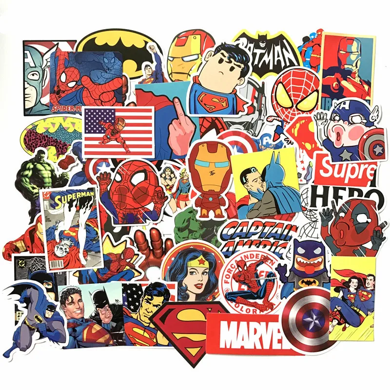 

50Pcs/Lot Stickers MARVEL Avengers Super Hero DC Comic Car Laptop Notebook Decal Fridge Skateboard Batman Superman Hulk Iron Man