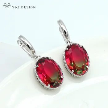 

S&Z New Oval Egg Shape Colorful Gradient Zircon Dangle Earrings White Gold European/American For Women Trendy Party Jewelry