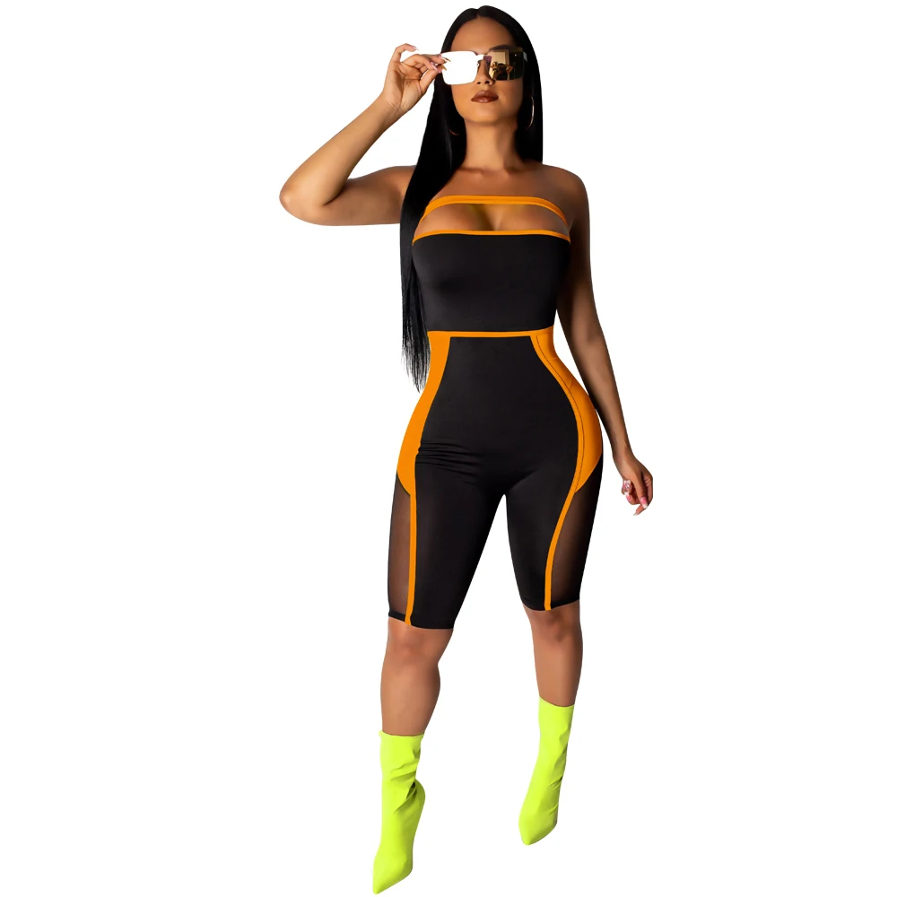 

Neon Mesh Splicing Sexy Bodycon Playsuit Women Off Shoulder Backless Skinny Overall Streetwear Strapless Short Rompers JumpsuitS