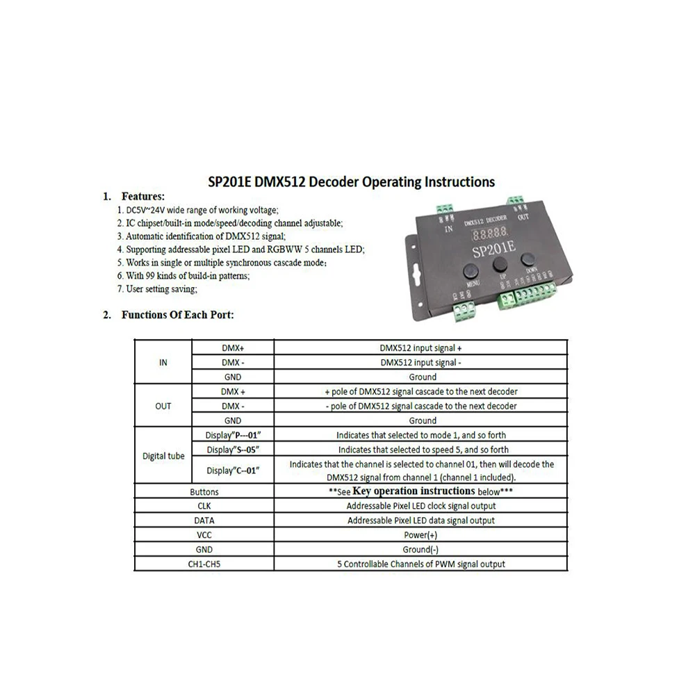 SP201E DMX512 Декодер контроллер SPI сигнал адресуемый RGB IC светодиодный пиксель светодиодный 5 канал ПВМ выход WS2812B UCS1903 TM1804