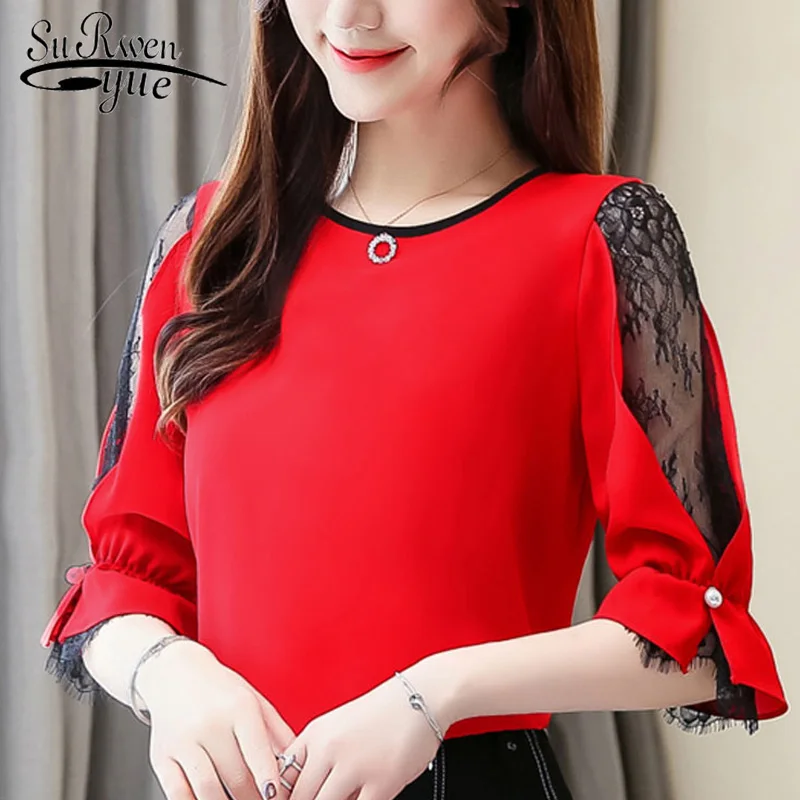 

blusas mujer de moda 2019 o-neck hollow out lace chiffon blouse summer short sleeve plus size white blouse women tops 3545 50