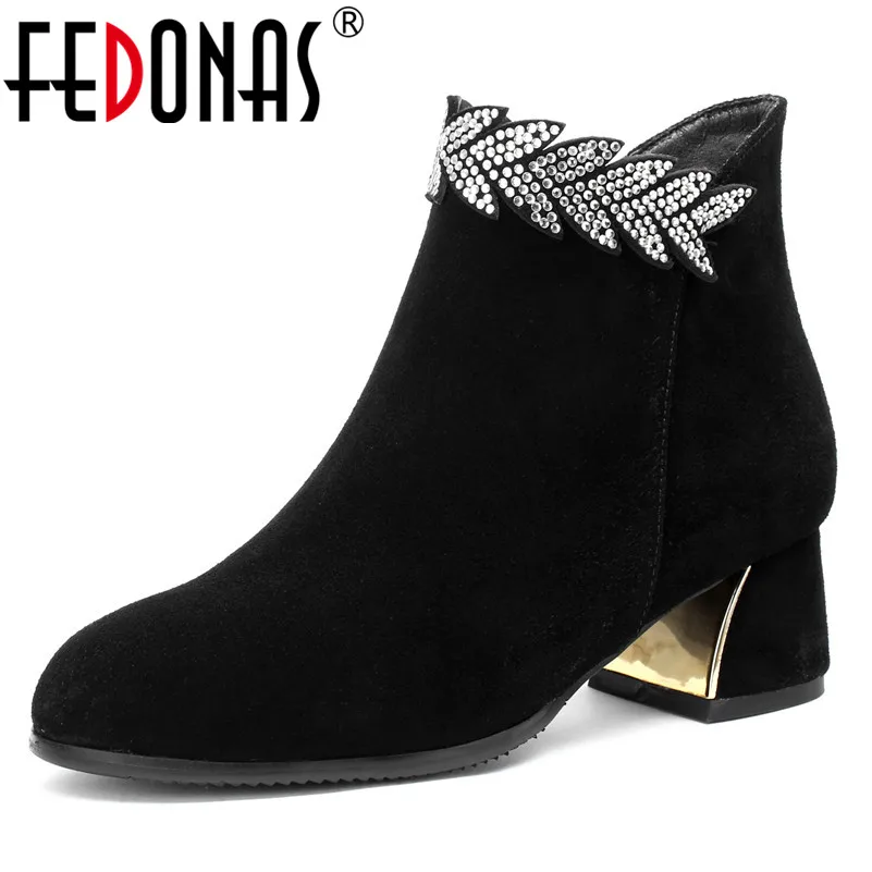 

FEDONAS Fashion Women Brand Ankle Boots Cow Suede Rhinestone Party Wedding Prom Shoes Woman High Heels Round Toe Casual Boots