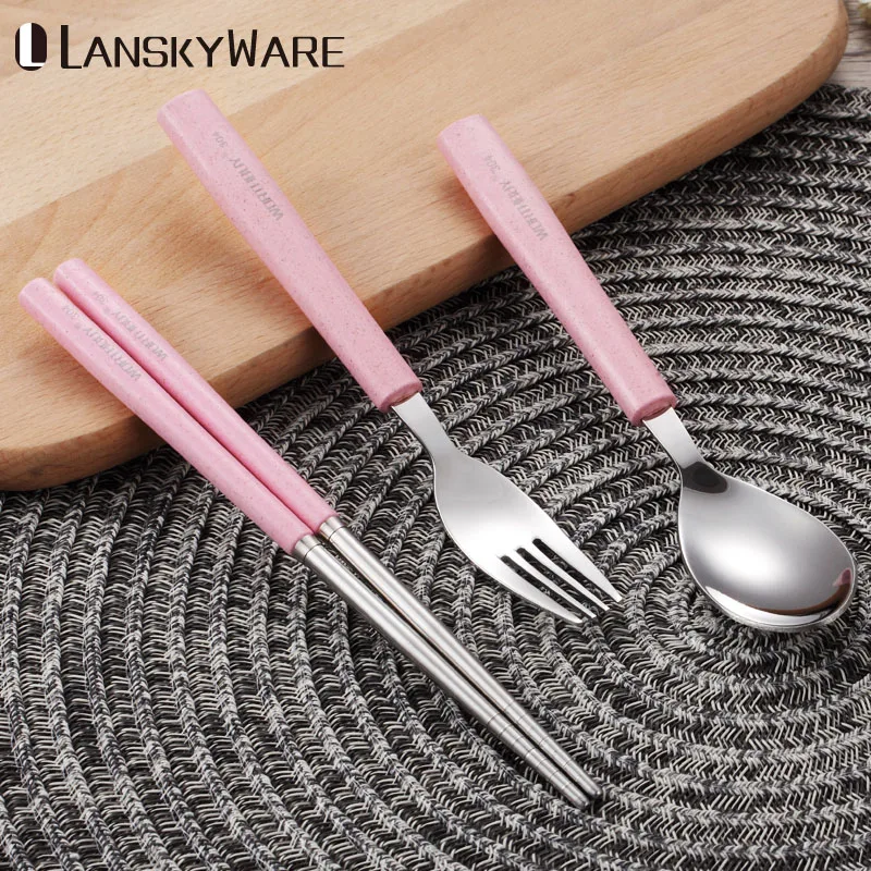 

LANSKYWARE Portable 304 Stainless Steel Tableware Set Eco-Friendly Wheat Straw Dinnerware For School Japanese Cutlery Dinner Set