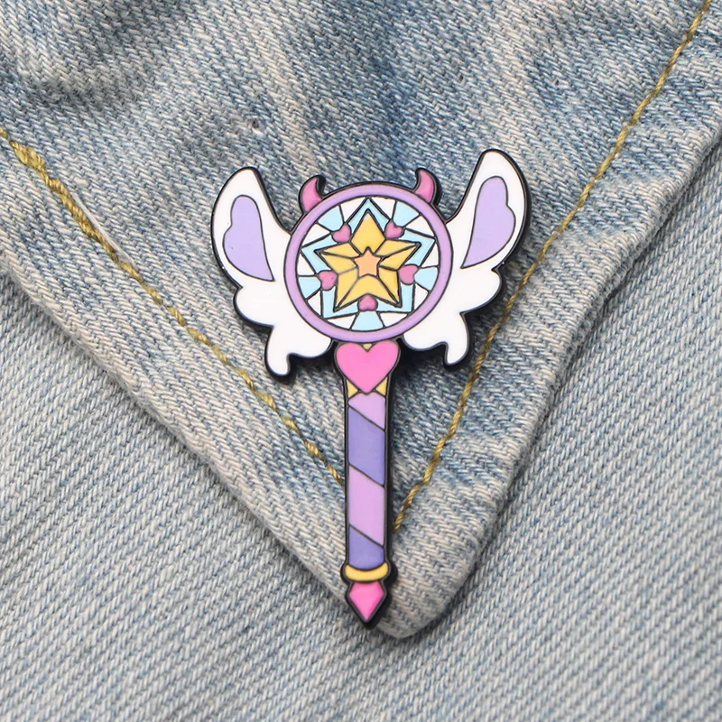 Star butterfly Magic Stick Wand cute Zinc alloy pins badges para shirt bag clothes cap backpack shoes brooches for women E0355