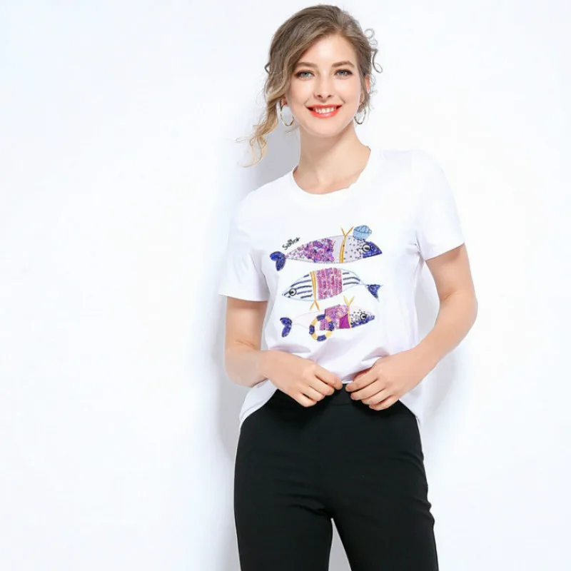 

La MaxPa White Tshirt O-Neck Casual Summer Tops For Women Hot Sale 2019 Instagram Clothes Fashion Sequined Cotton T-shirt