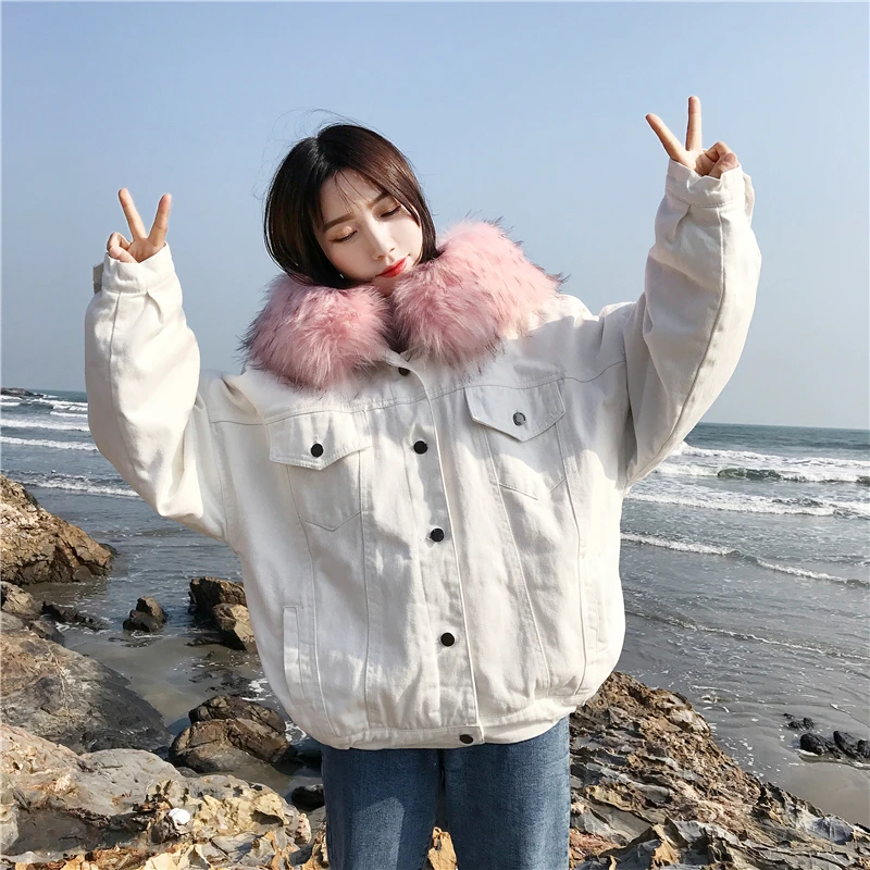 Agneau Fourrure Vintage Femmes De Streetwear Pour Épaissir D'hiver Harajuku Hiver Manteau Blanc Denim Parka Veste Femelle Jean wpqO4IP