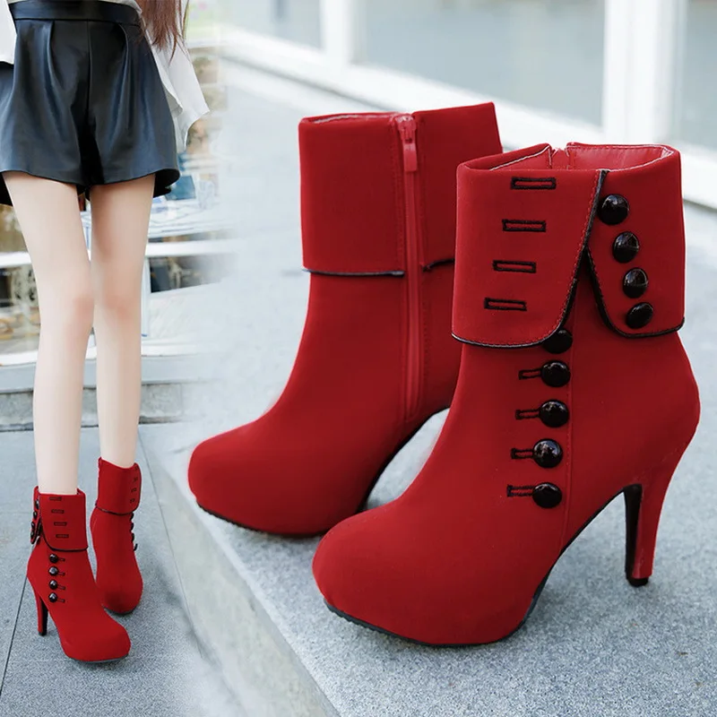 

2019 Fashion Women Ankle Boots High Heels Fashion Red Shoes Woman Platform Flock Buckle Boots Ladies Shoes Female PLUE 42