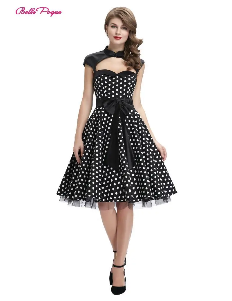 

Belle Poque Retro Women Vintage 50s Polka Dots Hollowed o Neck Cap Sleeve Large Bow-Knot Cotton Party Picnic Flared A line Dress