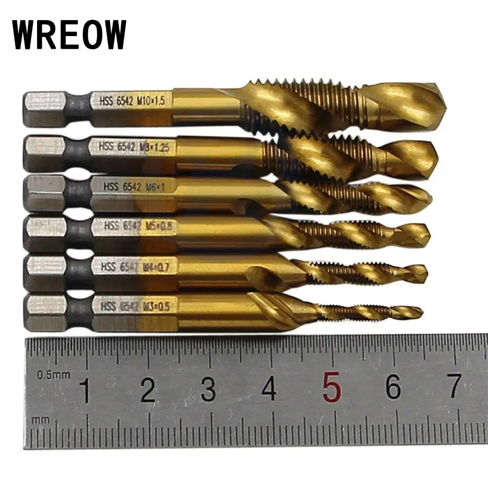 6pcs/Lot HSS Drill Bits Metric Thread Hex Shank Titanium Combination Coated Tap Drill Bit Set