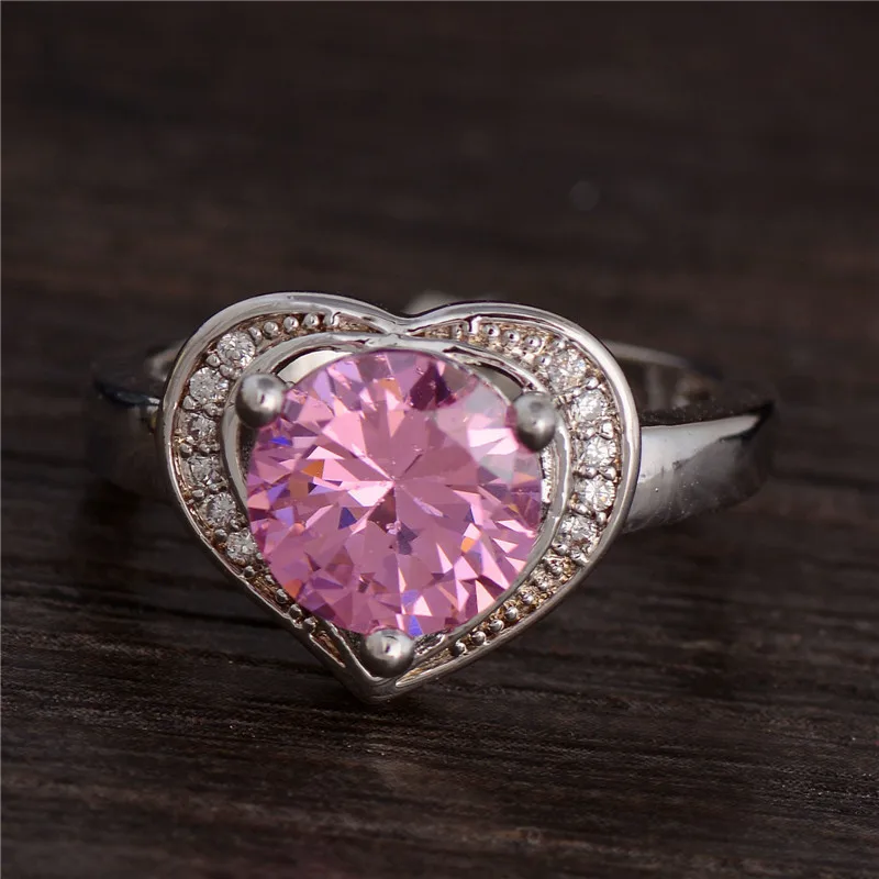 

MISANANRYNE Nice Shipping silver Color Unique Pink Heart CZ cubic zirconia Classic Wedding ring Size 7 8 9