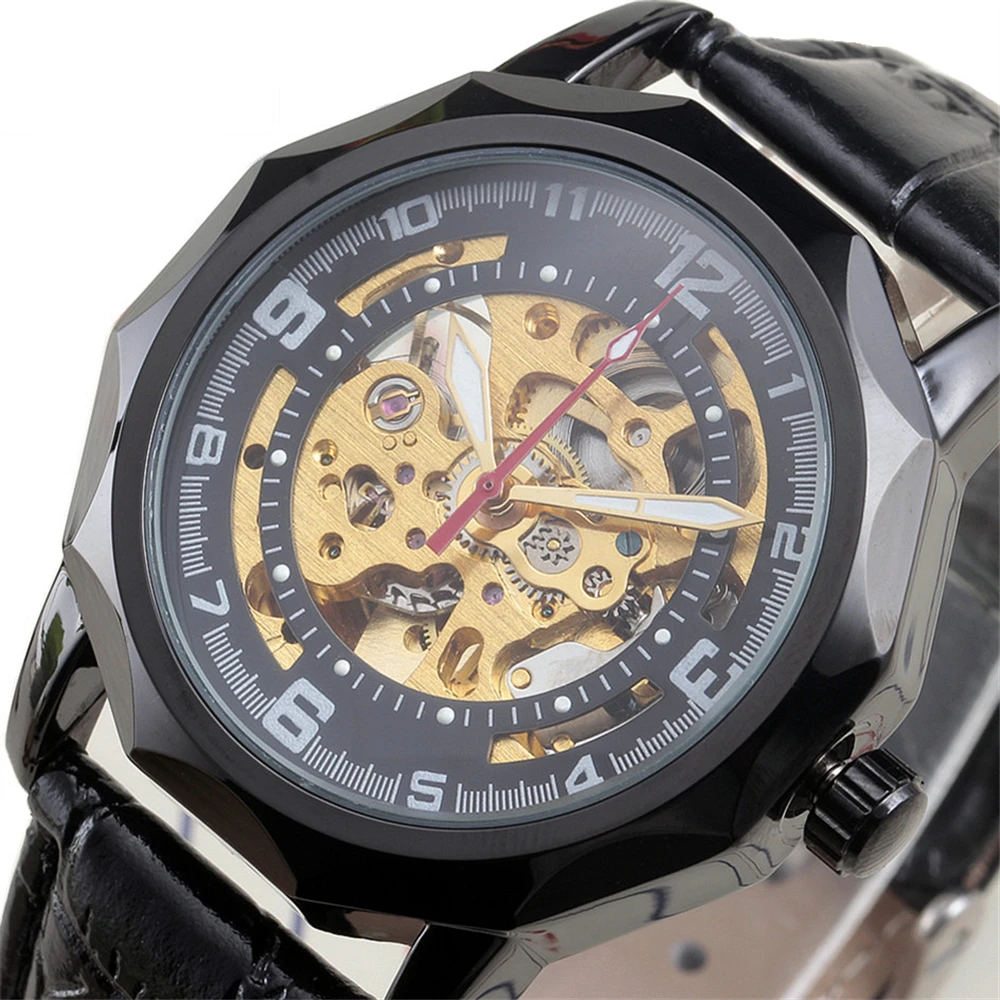 

WINNER New Mens Skeleton Wristwatch Black Leather Steel Case Antique Steampunk Casual Automatic Mechanical Watches Male Gift