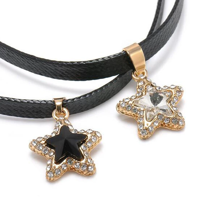 

Fashionable Punk Gothic Black Cord Choker Crystal Star Charm Choker Necklace Leather Pendant Collar