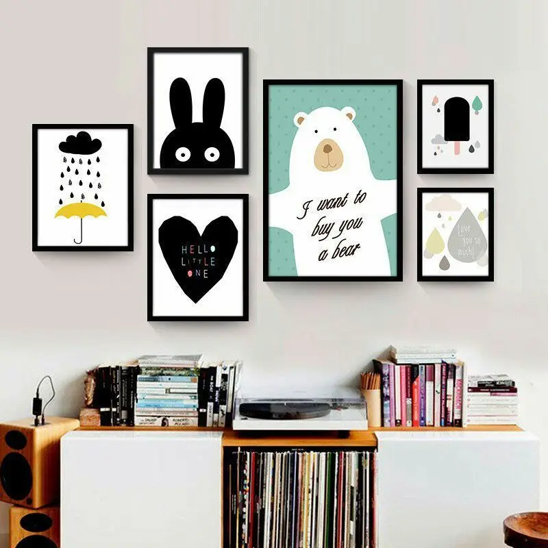 

New Nordic Style Cartoon bear rabbit Print Minimalist Wall Art Canvas Painting Landscape PRADA Picture Home Decor