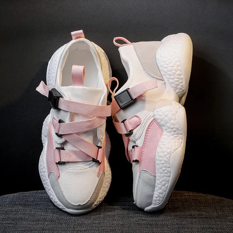 

Summer Platform Sneakers Shoes Women Casual Sneakers 2019 Breathable Canvas Shoes White Pink Buckle Chunky Trainers Women