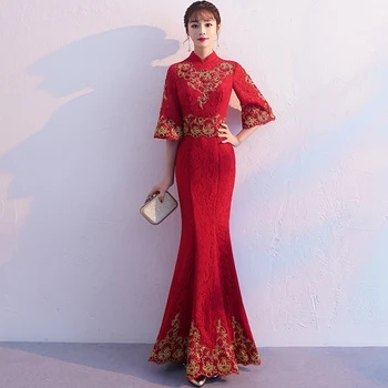 

RED Winter Ladies Flower Mermaid Gowns Traditional Slim Chinese Women Wedding Dress Thick Thin Cheongsam Mandarin Collar Qipao