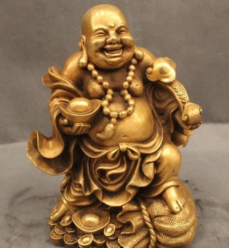 11" Chinese Buddhism Brass Wealth Happy Laugh Maitreya Buddha Money Bag