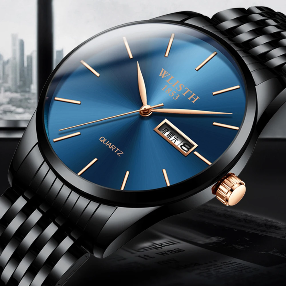 

WLISTH Ultra Thin 8MM Fashion Men's Quartz Watch Sport Waterproof Casual Watches Date Blue Steel Wristwatch Relogio For Gift