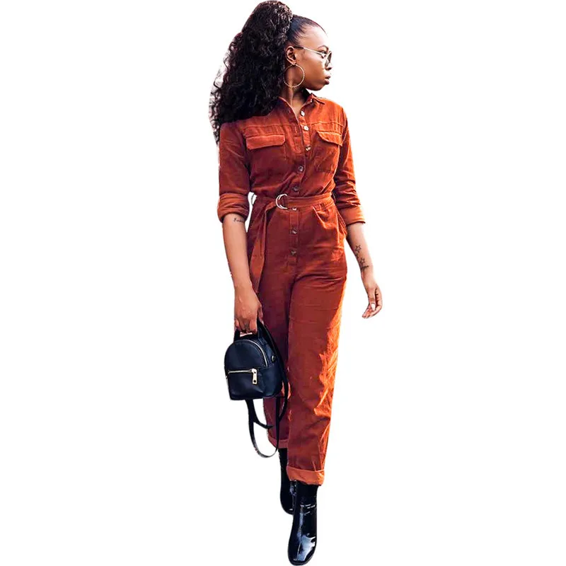 Echoine Casual Jumpsuits Women Corduroy Rompers Long Sleeved Pockets Button Waistband Solid Brown Khaki Sports Long Pants Outfit Echoine Casual Jumpsuits Women Corduroy Rompers Long Sleeved Pockets Button Waistband Solid Brown Khaki Sports Long Pants Outfit