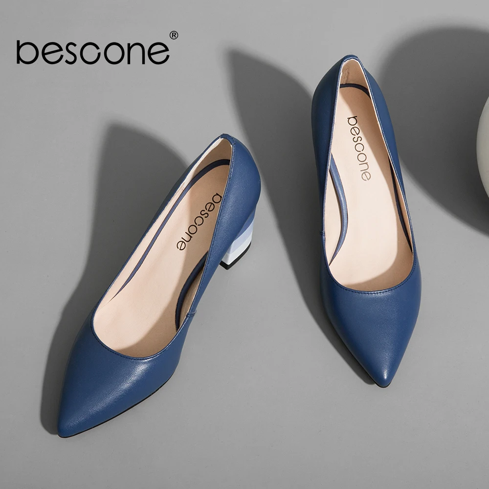 BESCONE Classic Women Office Shoes Colorful Square Heels Pointed Toe Elegant Pumps Spring Genuine Leather Slip On Lady Shoes A85