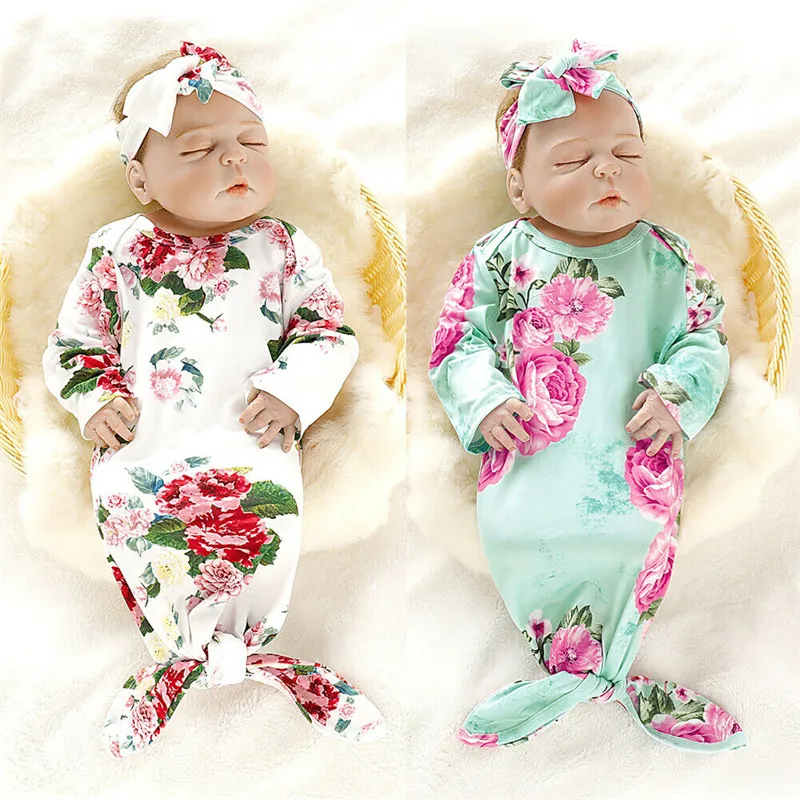 

Newborn Infant Autumn Winter Sleeping Bag Headband 2PCS Baby Kids Fashion Printed Swaddle Blanket Muslin Wrap Rompers Clothings