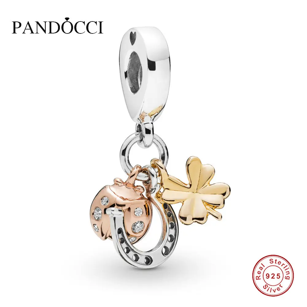 

PANDOCCI 925 Sterling Silver Mixed Metal Horseshoe, Clover and Ladybird Hanging Charm Fit Original Bangle Bracelet DIY Jewelry