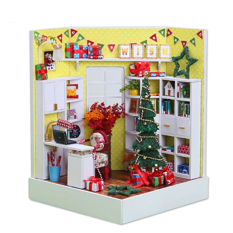 Doll House Merry Christmas Miniature Dollhouse Wooden Furniture Kit House Toys Novelty Kids Friends Handmade New Year Xmas Gift (9)