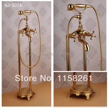 

Bathtub Faucets Gold Brass Bathroom Shower Faucet Rain Hand Shower Floor Stand Telephone Luxury Bath Tub Mixer Tap Set HJ-5024