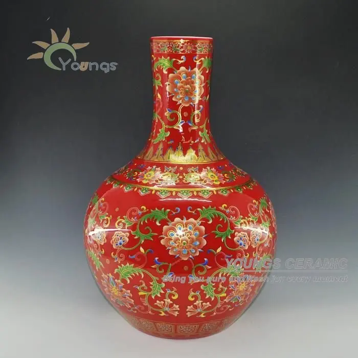 

China red porcelain gold flower ceramic vase with 55 CM tall
