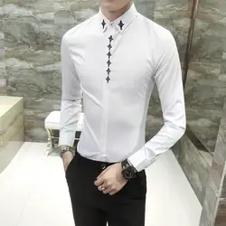 Вышивка рубашка с воротником слепой планка Для мужчин рубашка с длинным рукавом Slim Fit корейская мода платье рубашка Для мужчин Camisa Мода