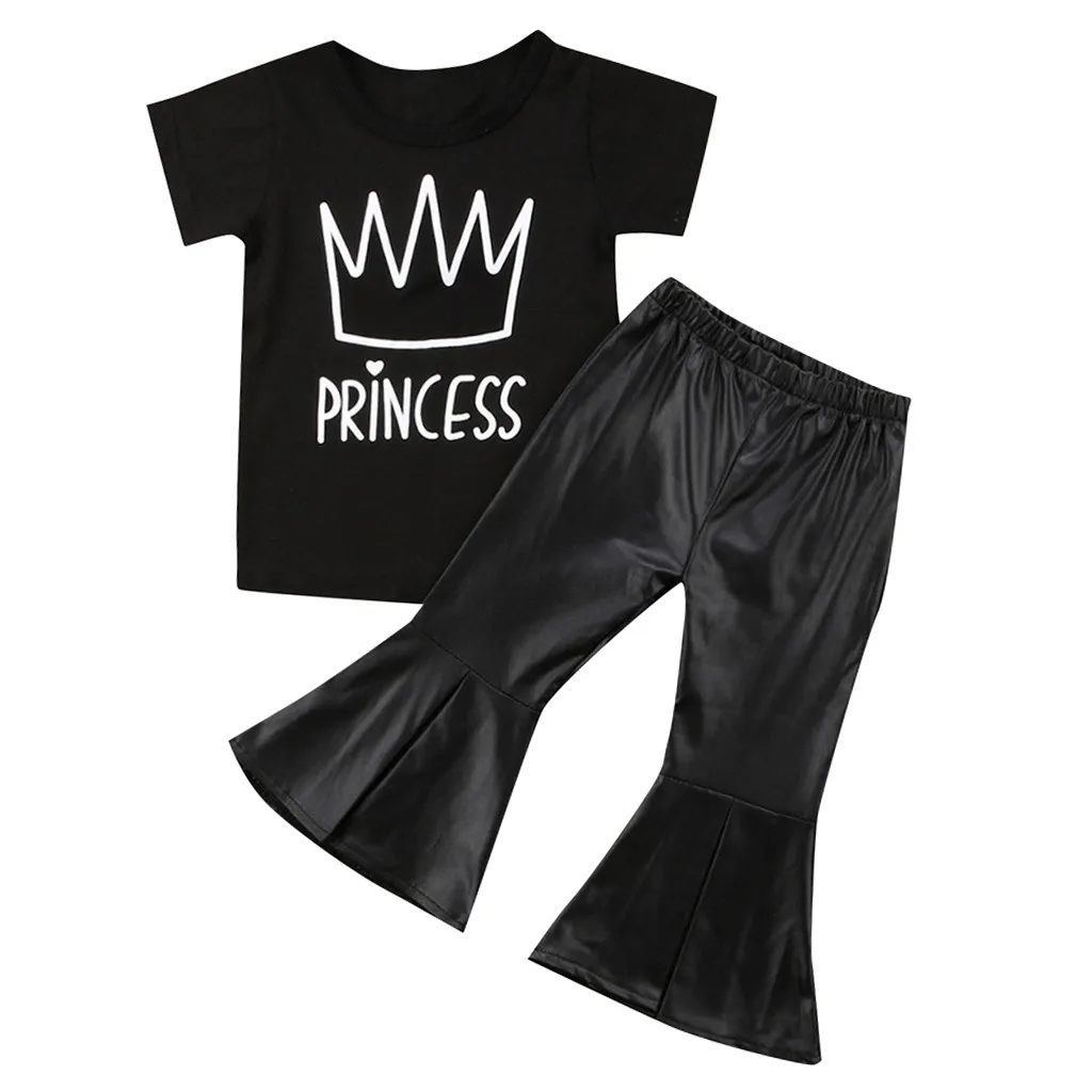 

Toddler Baby Kids Girls Black Short Sleeve Tiara Letter Print Tops+ Bell-bottoms Pants 2Pcs Sets Outfits vetement enfant fille