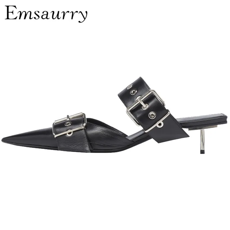 

New Design 2019 Studded Buckle Slippers Women Sexy Pointed Toe Metal Thin Heel Slingback Slim Mules Real Leather Summer Slides