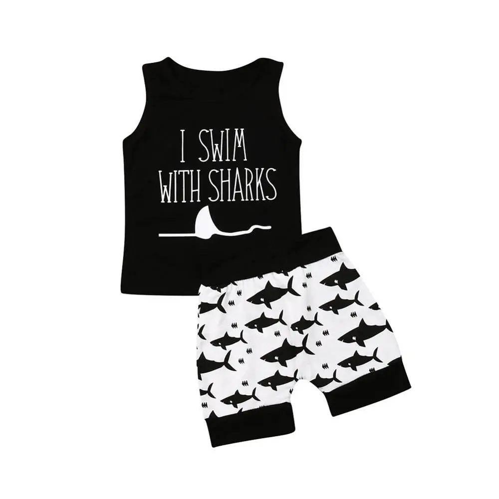 Летние для маленьких мальчиков без рукавов костюм с акулой рисунок с буквенным принтом топы и футболки Акула шорты комплект одежды