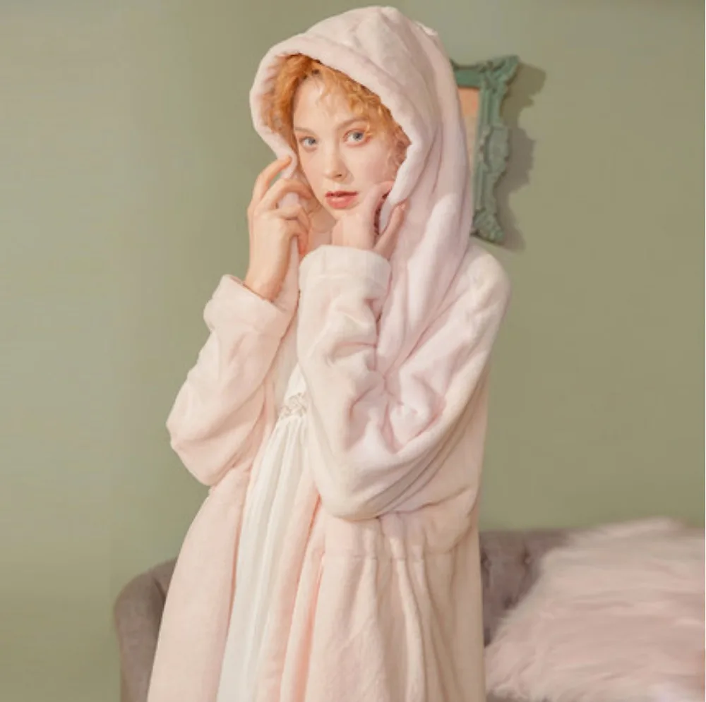 Women's Sleepwear Robe Warm Hooded Flannel Pajamas.Winter Shower Spa