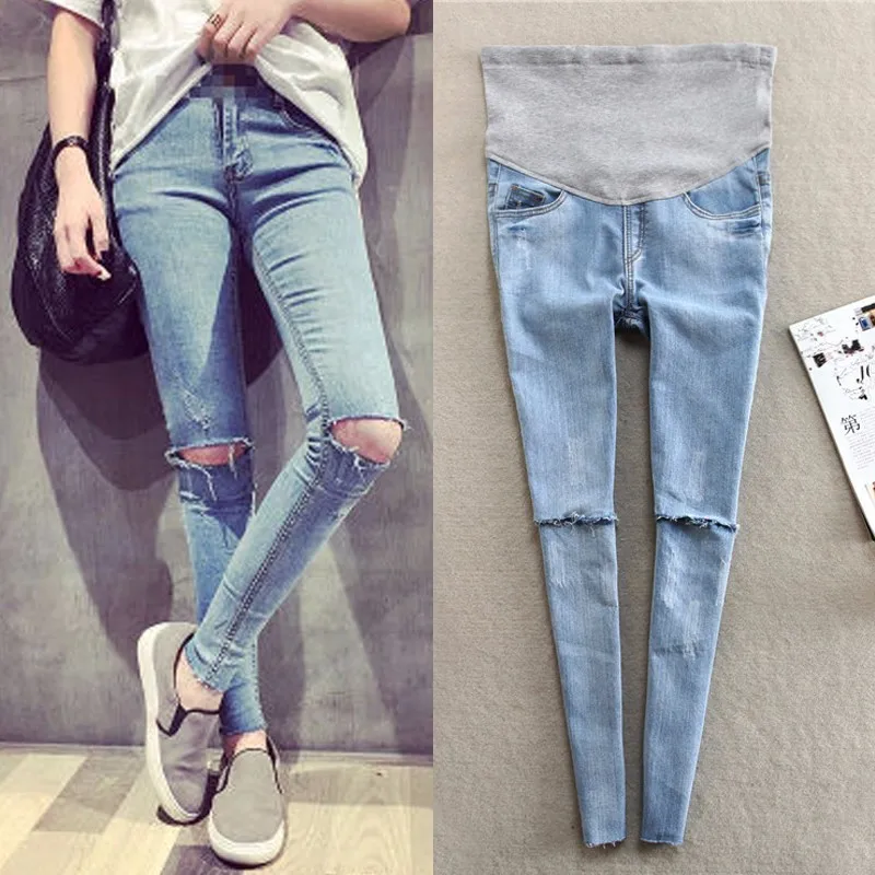 2017 Light Blue Hole Denim Maternity Jeans Pants for Pregnant Women Matenrity Clothes Pregnancy Belly Pencil Trousers Embarazad |