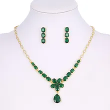 New 2016 Wholesale Wedding Green Flower Crystal Pendants Jewelry Sets For Women Necklace Earrings Set